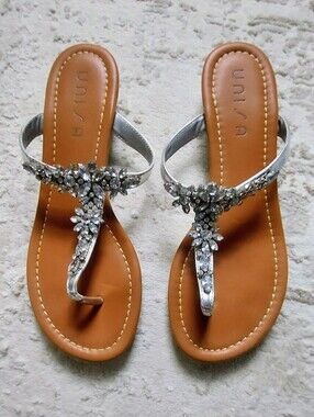 Unisa Silver Jeweled T-Strap Sandals